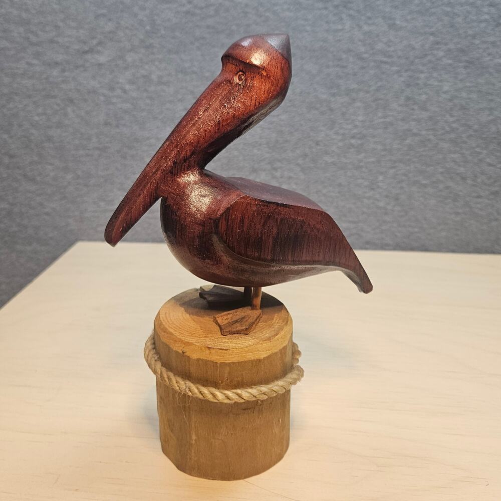 Hand-Carved Wooden Pelican on Nautical Dock Piling 9" Statue Art VTG Coastal
